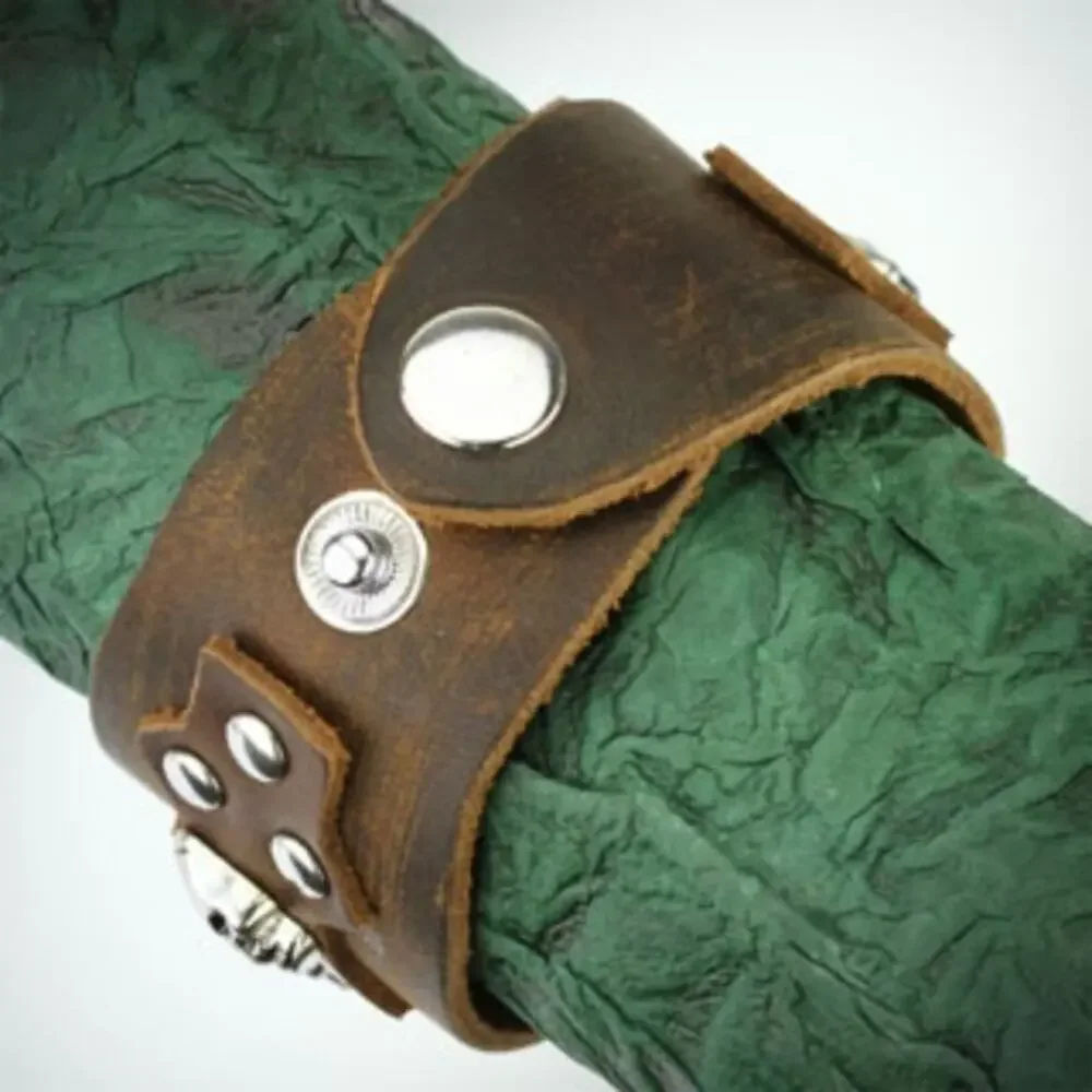NWOT Leather‎ Bracelet with Multi Skulls and Round Studs with Spike Center